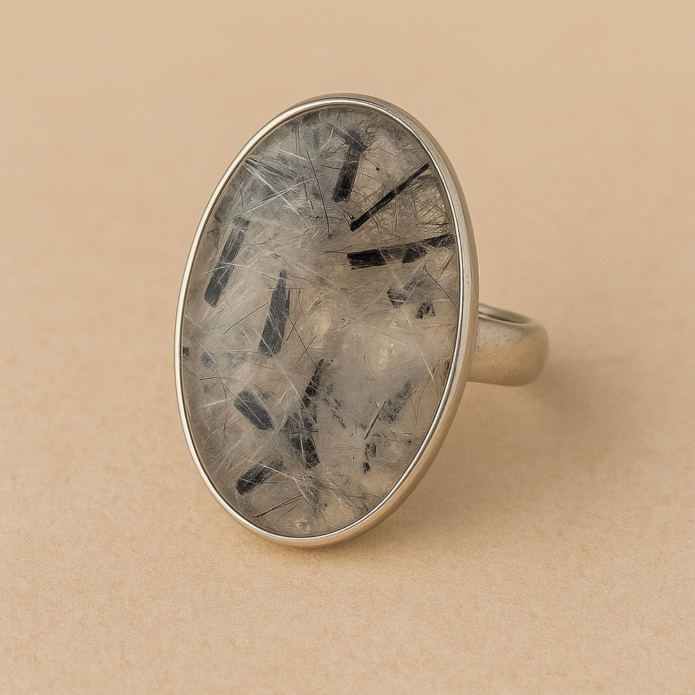 Tourmilated Quartz Ring with Sterling Silver Band 925